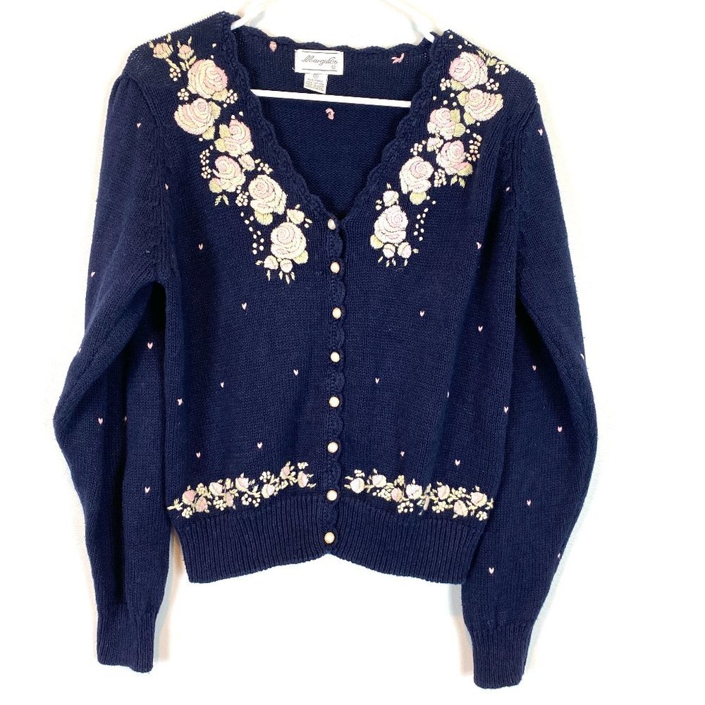 Vintage Margules Knit Sweater Cardigan Floral Embroidered Navy Button Down Small